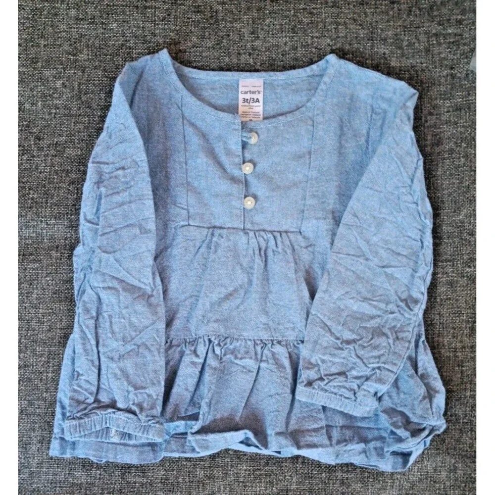 Carters Shirt Size 3T Girls Blue Denim Ruffles Long Sleeve